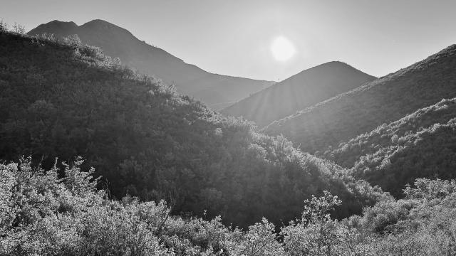 Sun setting over a mountain ridge