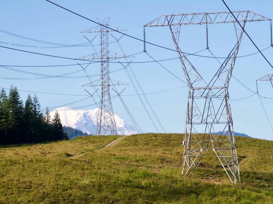 Mt. Rainier seen through a power line