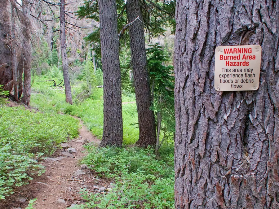 A sign warns of a burn area ahead