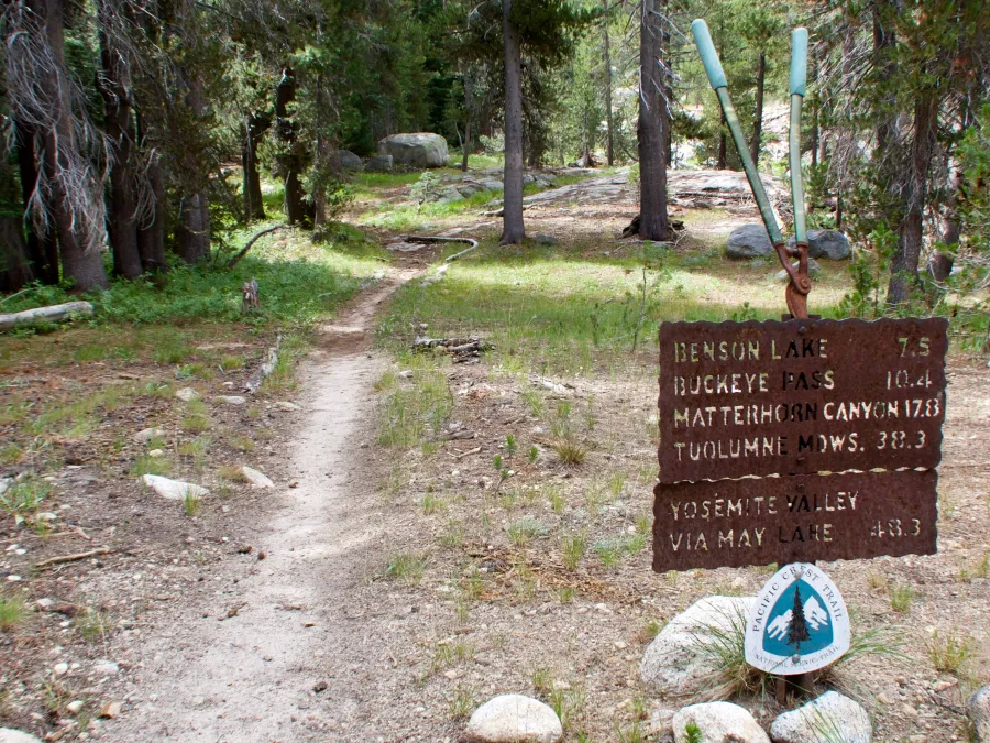 A trail mileage marker in Yosemite