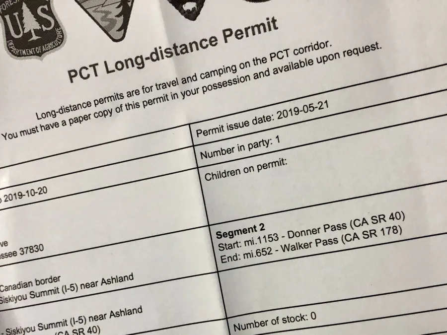 A printed copy of a PCT hiker permit