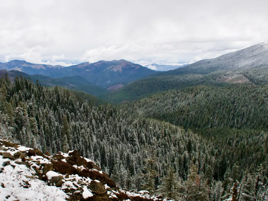 No snow in the valley below
