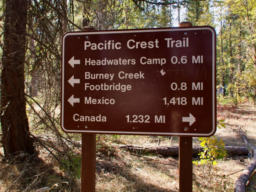 A mileage sign at a trail leading to Burney Falls State Park