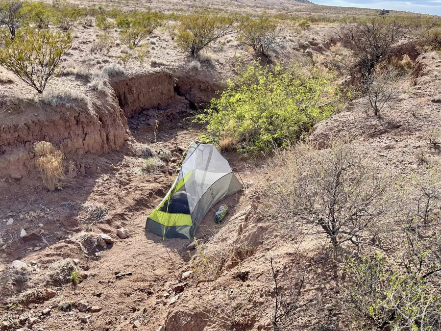Baguette's tent in a ravine