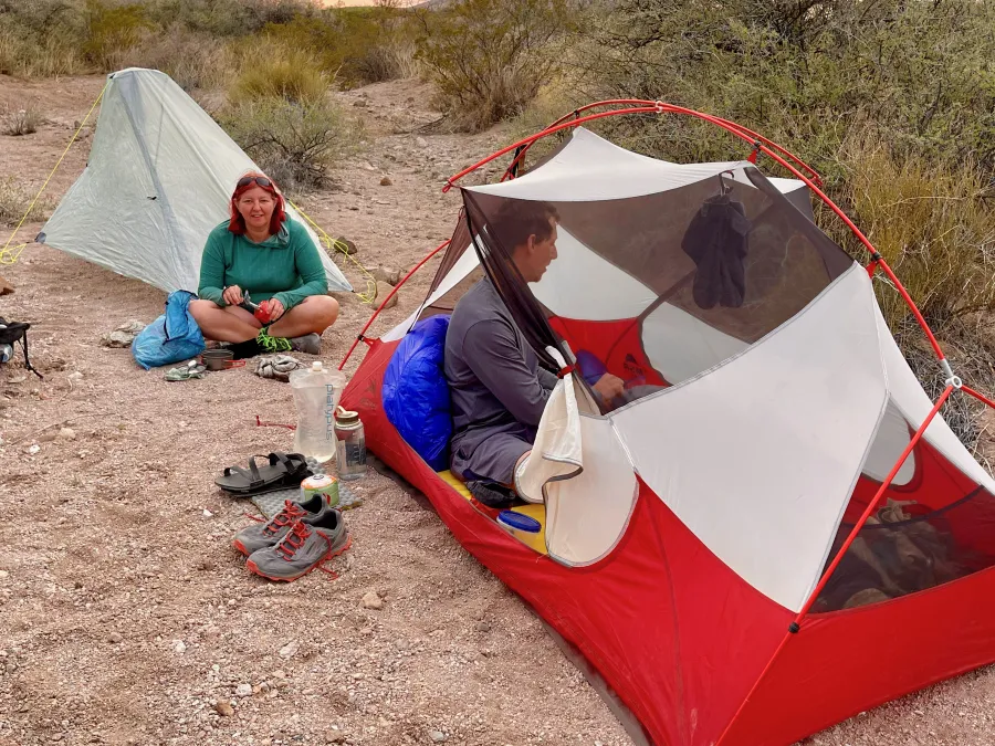 Thirteen and Sunshine at their campsite