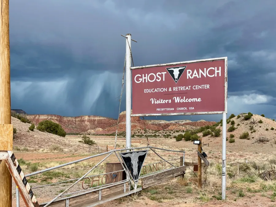 The entrance of Ghost Ranch with a storm approaching