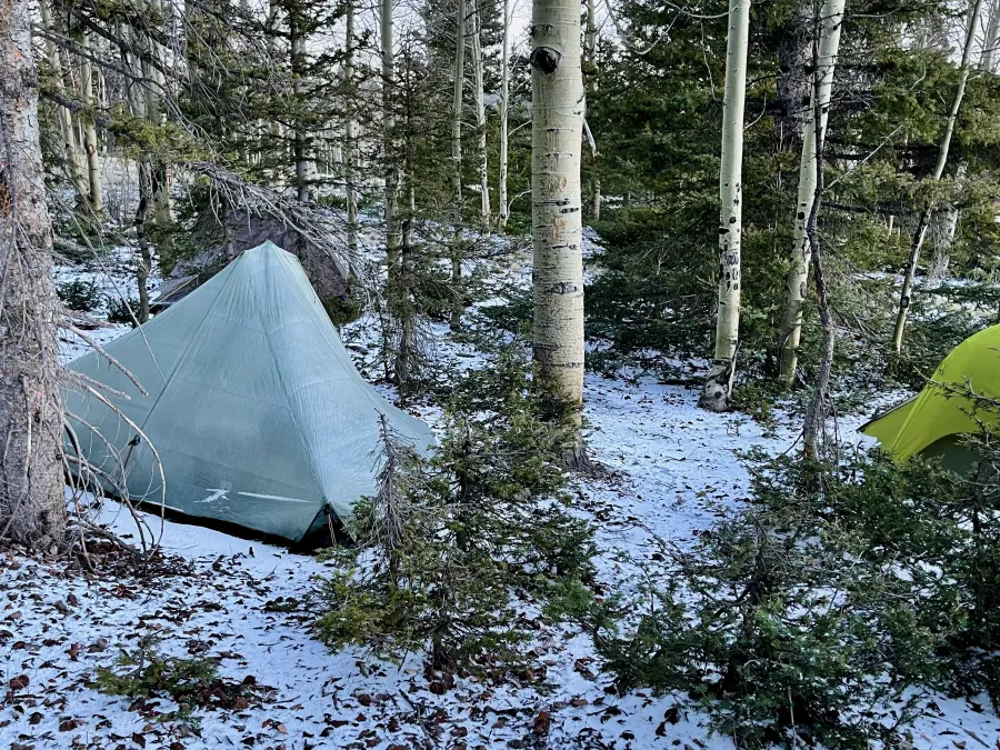 A campsite covered in snow
