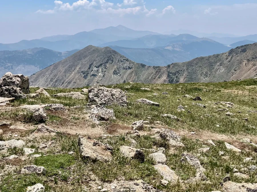 A distant view from the top of a ridge