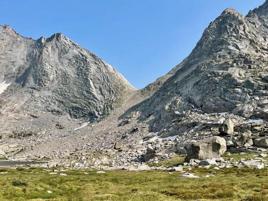 A view of Texas Pass with the rock and gravel slope