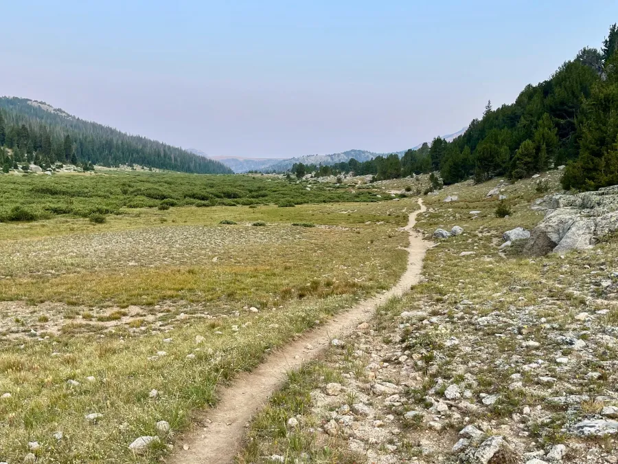 The trail extends along a wide park