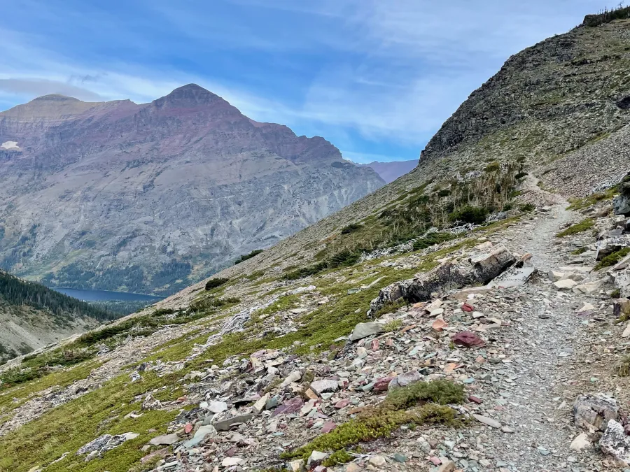 The trail makes a switchback up a mountain slope