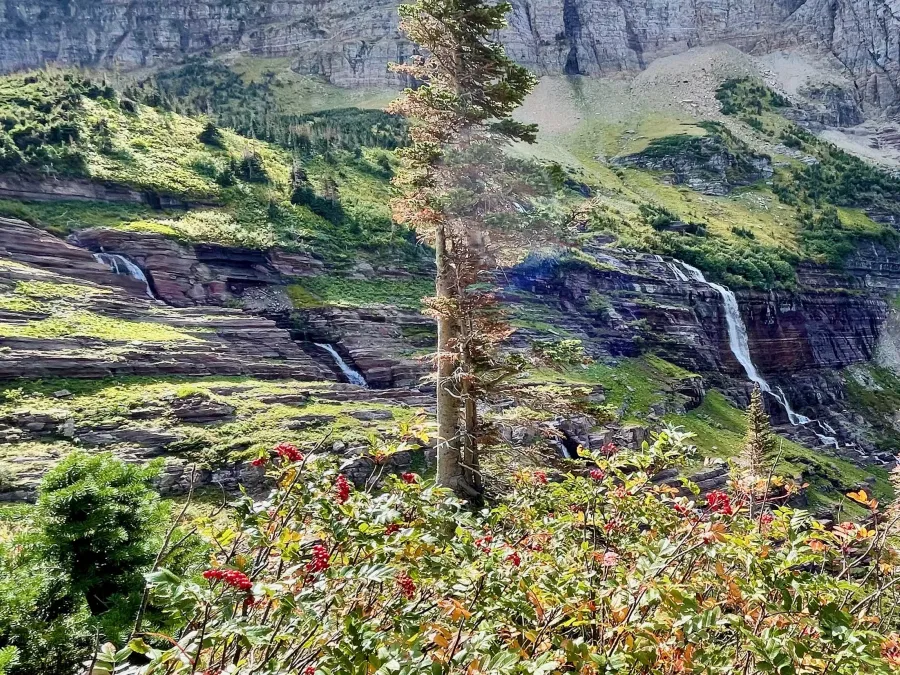 Cascades trickle down a valley