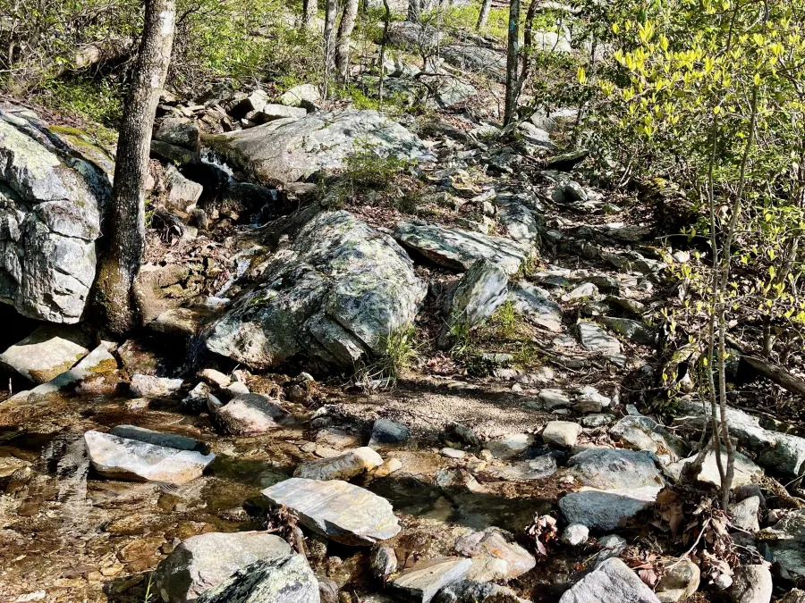 The trail goes over large rocks