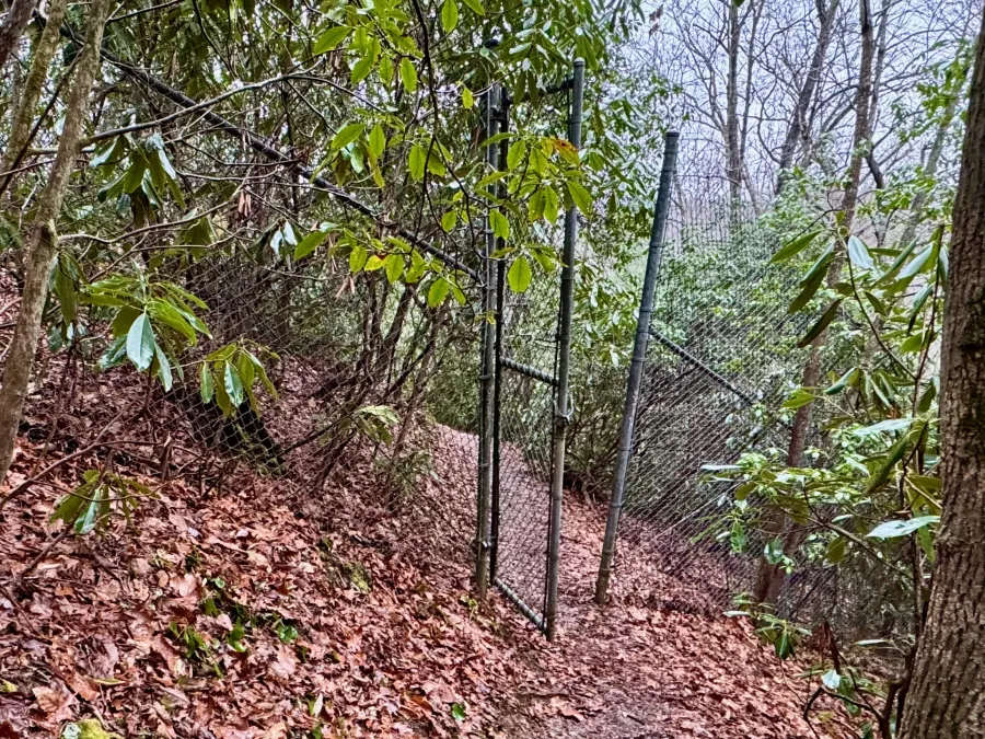 The trail passes through an open gate