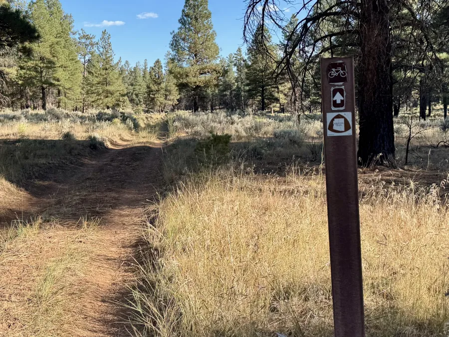The trail is marked by a small post