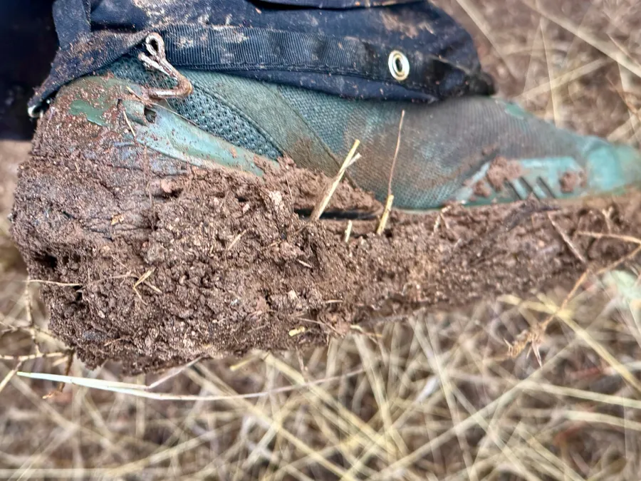 Mud caked to the bottom of a shoe