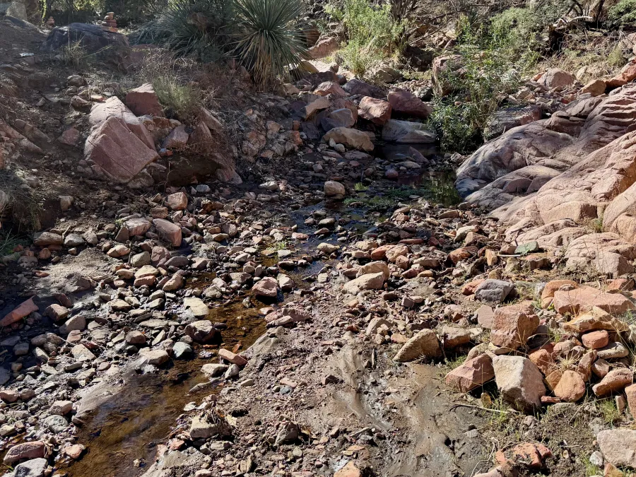 A small stream runs through a narrow canyon