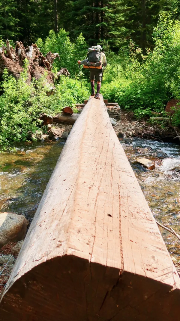 Ralph crosses a tilted log bridge