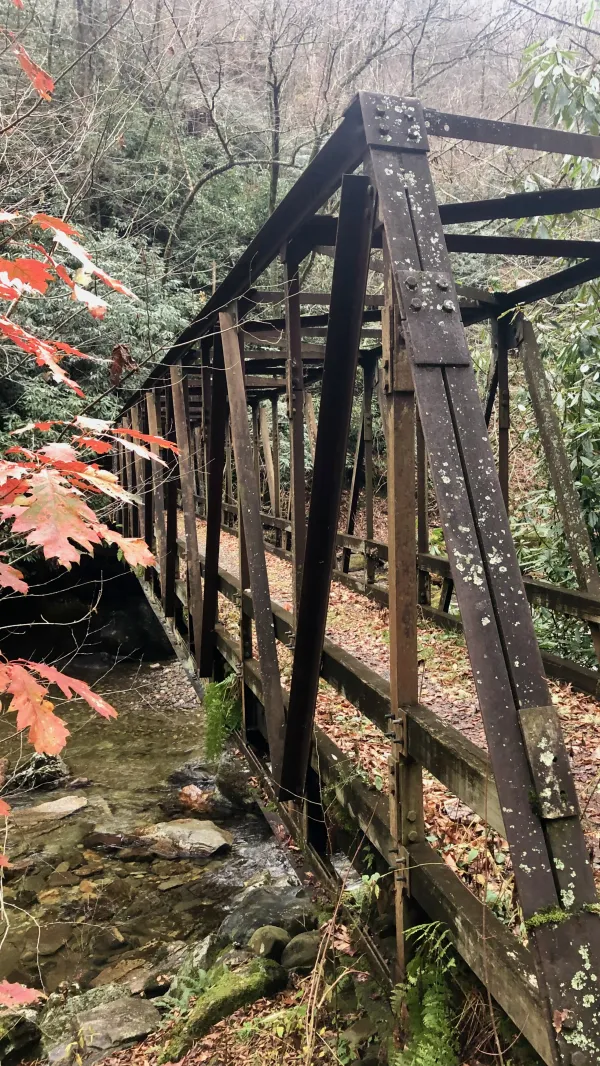 An iron footbridge over Raven Fork