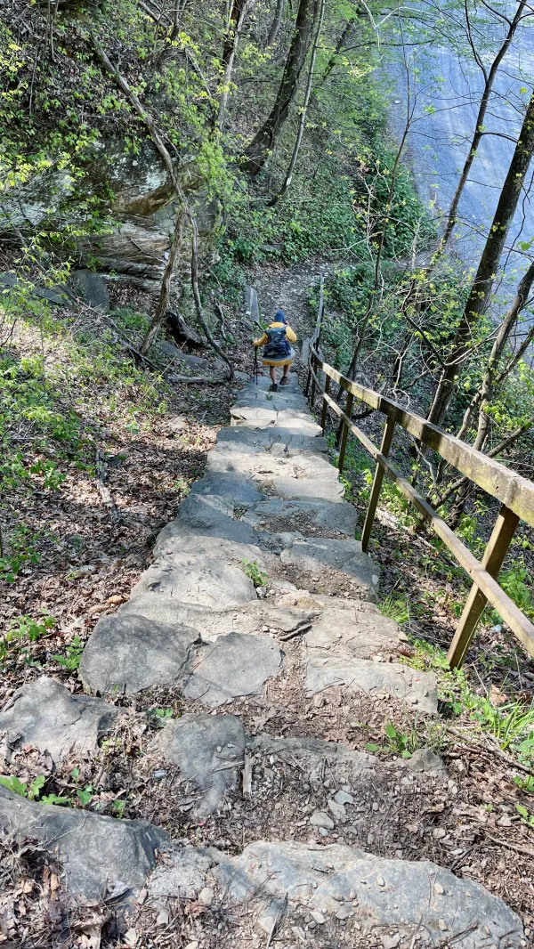 Descending a long flight of steps