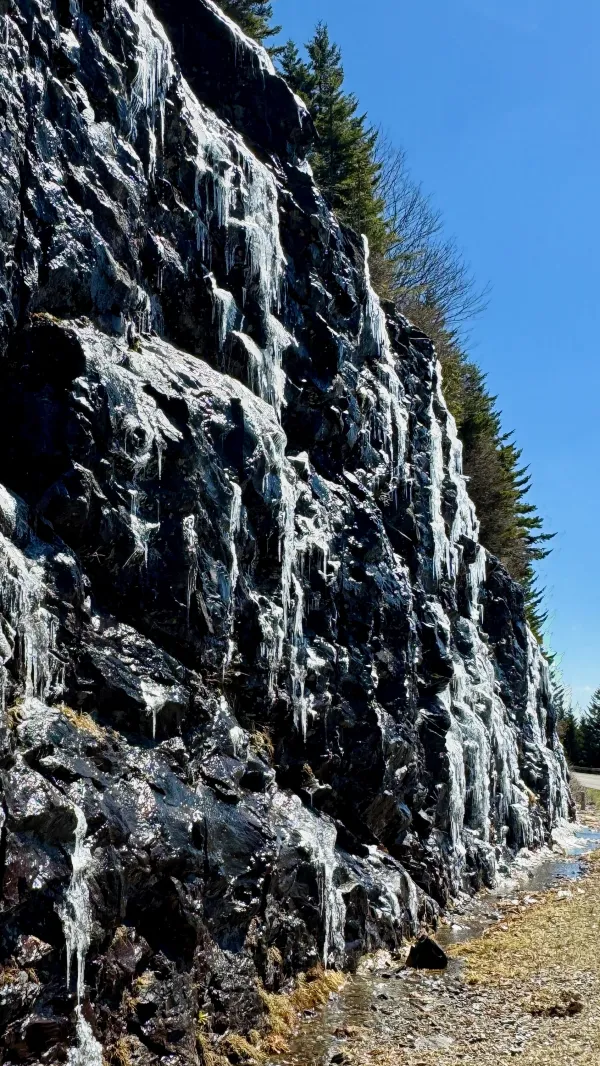 Ice on a rock cut on the Blue Ridge Parkway