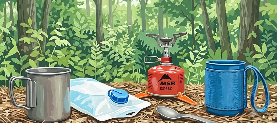 A stove and other gear in a campsite