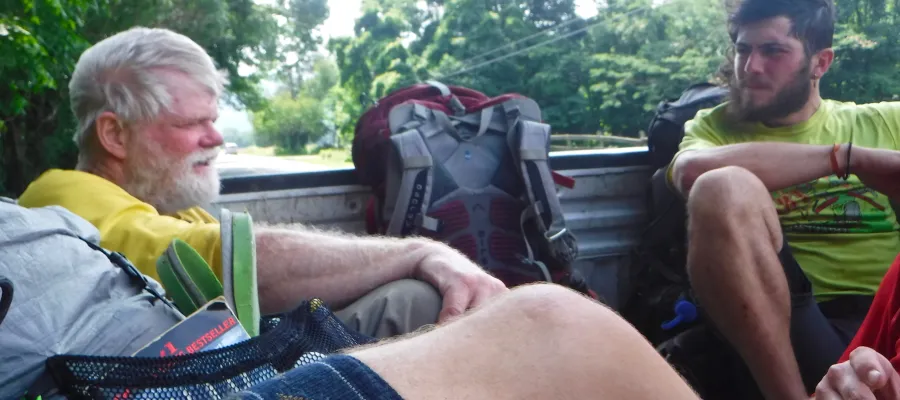 Stick and Jason in the back of a pickup truck
