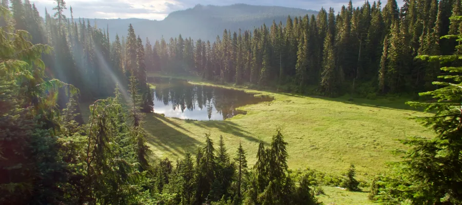 Morning sun over Crag Lake near the PCT