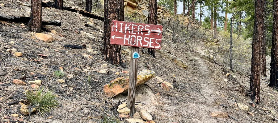 A sign pointing separate trails for hikers and horses