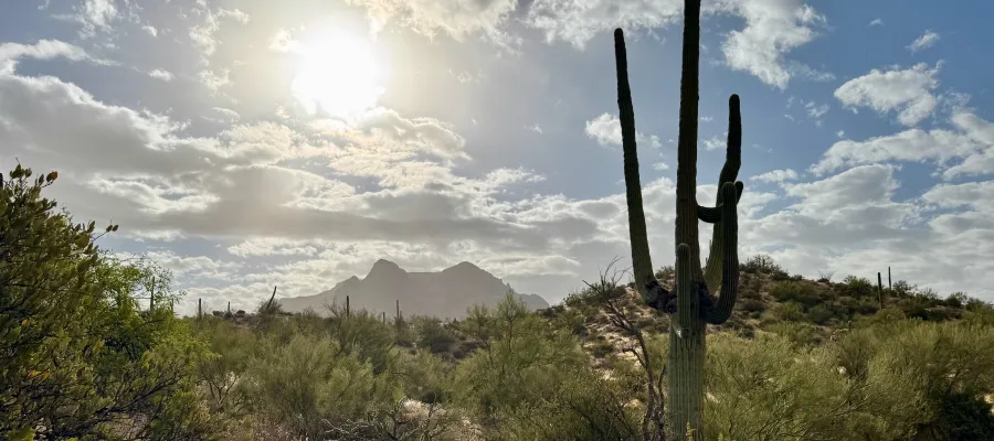 Sunlight filters through clouds over Picketpost Mountain