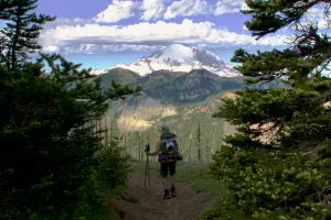 Ralph pauses to look at Mt. Rainier