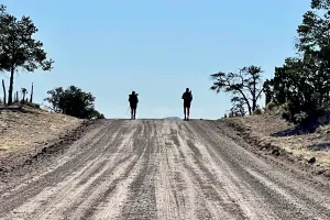 The silhouettes of two hikers