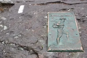 A plaque and the first blaze on Springer Mtn.