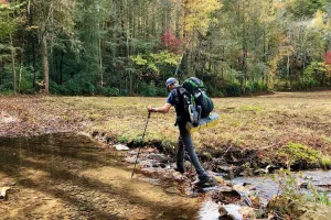 Tengo Hambre crosses a stream on the Benton MacKaye Trail