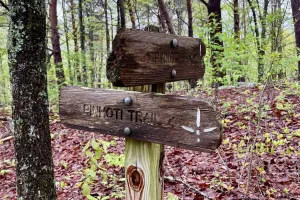 Two signs mark a turn on the trail