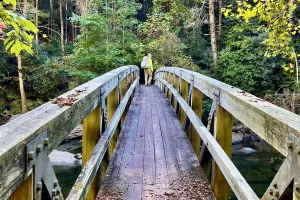 Sasquatch crosses a wooden footbridge