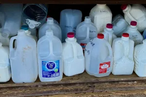 Gallon jugs of water in a metal box