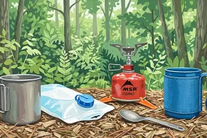 A stove and other gear in a campsite