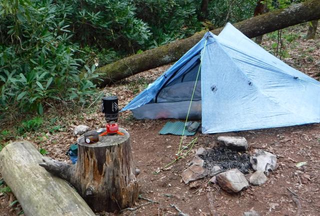 Tent set up near Jerry Cabin Shelter