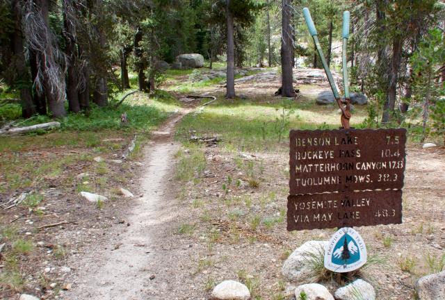 A trail mileage marker in Yosemite