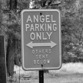 A sign says 'Trail Angel Parking, others sent below'
