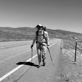 Top O' walks against the wind in the Great Divide Basin