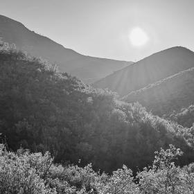Sun setting over a mountain ridge