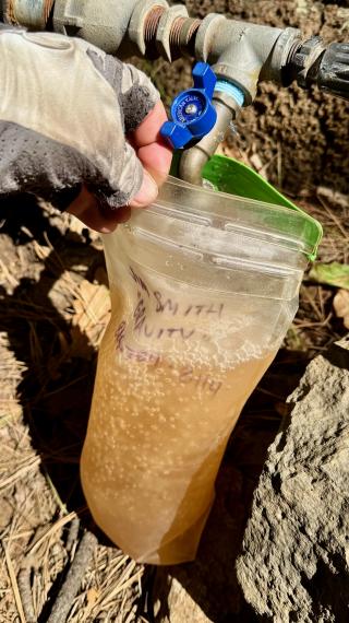 Brown water pouring from a spigot